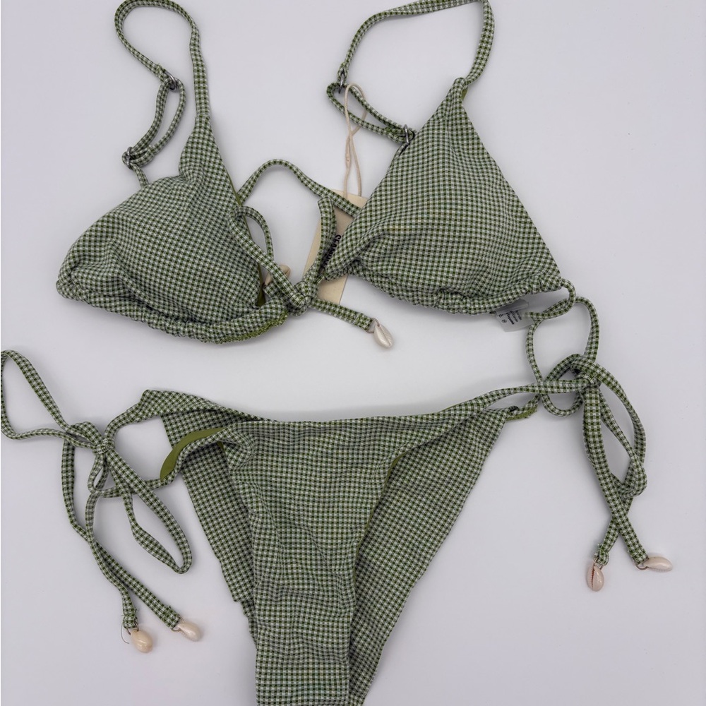 Triangle Tie-Side Bikini Set in Olive Gingham NWT